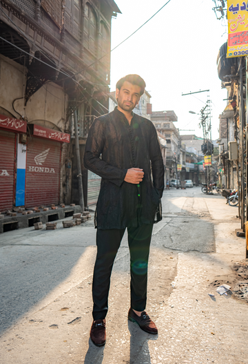 Black Embroidered Short Kurta with Pajama For Men